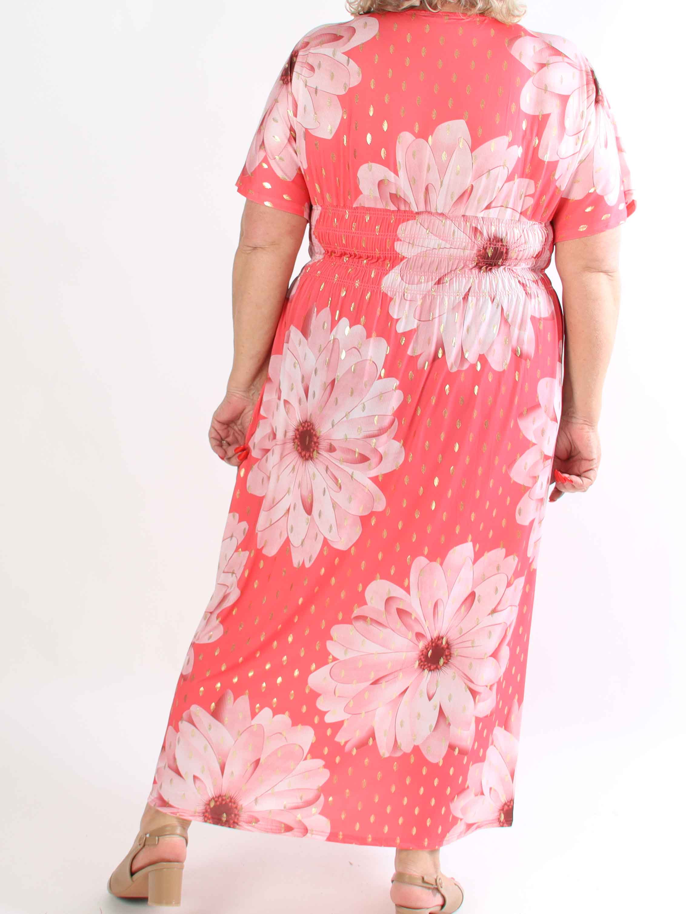 Pams Eden - Lang plus size kjole med store blomster og guld dutter